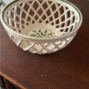 White Lattice Ceramic Bowl with Green Trim